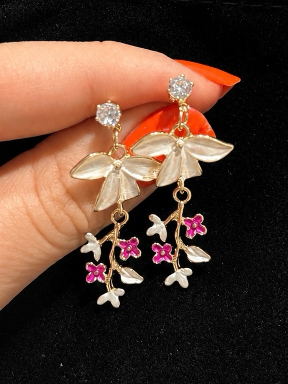 Gold-Tone Floral Drop Earrings with White and Pink Enamel